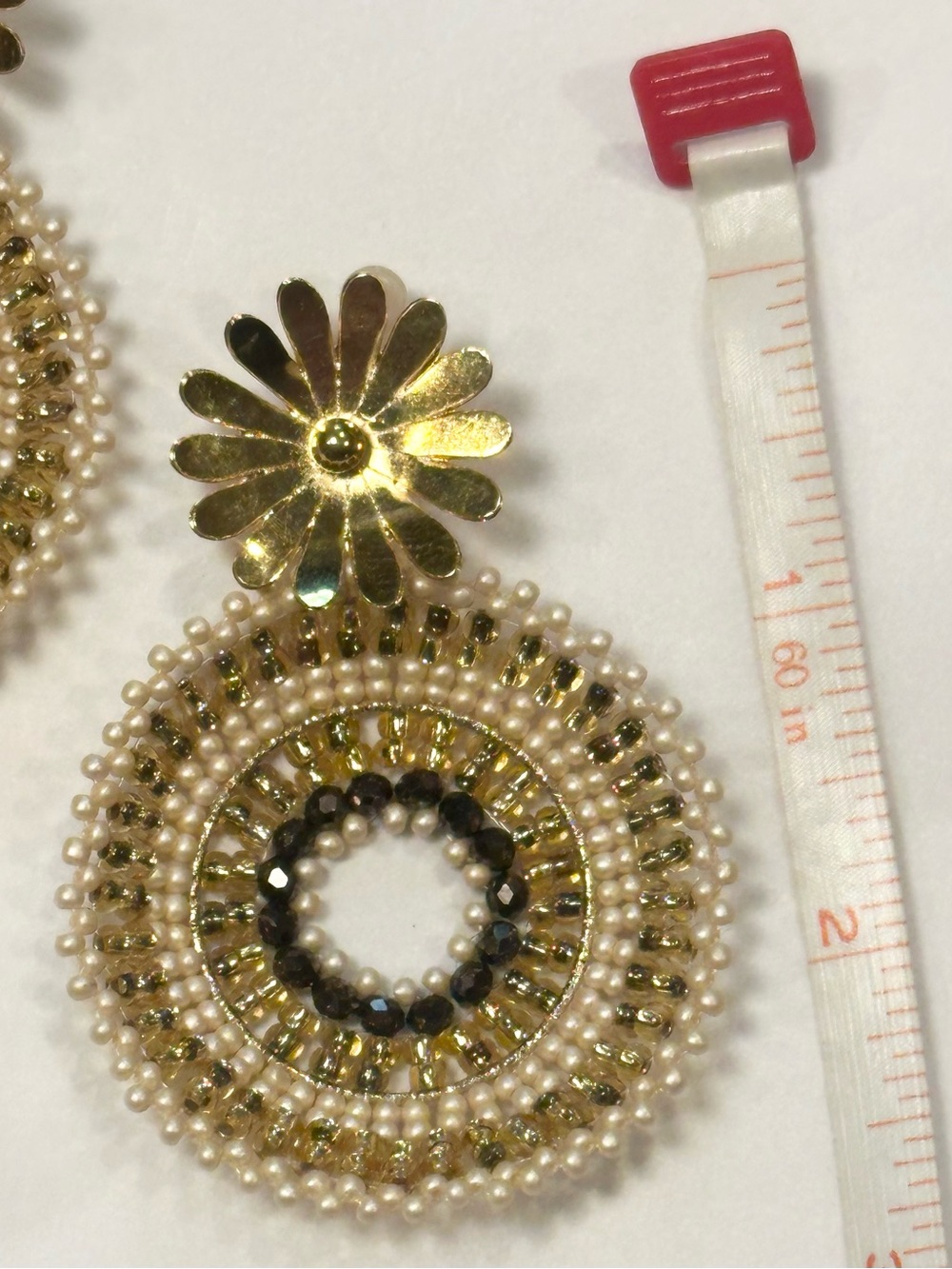 Gold Floral Beaded Statement Earrings Cream & Smoky Brown - Picture 5 of 6